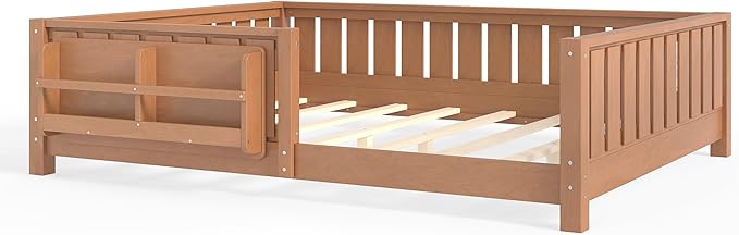 Bellemave Full Size Kids Montessori Bed with Bookshelf,Solid Wood Full Floor Bed Frame with Fence and Slats for Girls Boys,Low-Profile,Dark Natural