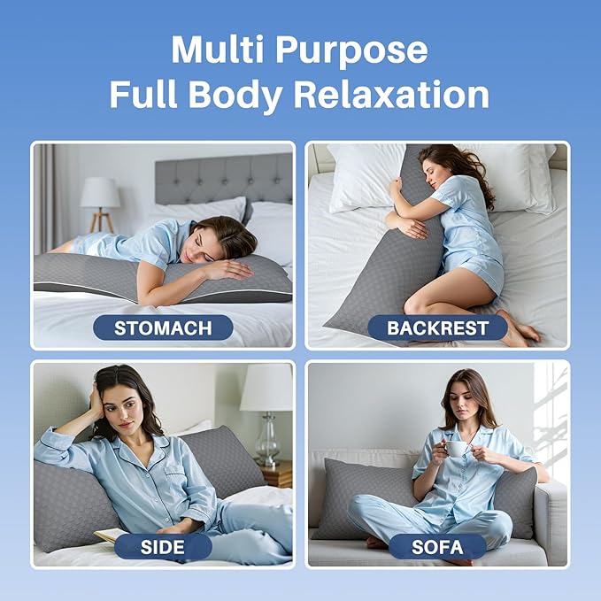 YZ HOME Cooling Body Pillow for Adults- Pillow Insert with Shredded Blue Memory Foam, Soft Support for Side Sleepper, Pregnant Women, Back Pain Relief, Washable Pillowcase (20x54 Inch, Grey)
