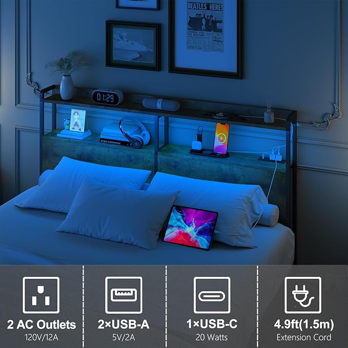METYERRY Headboard for Queen Size Bed Frame with Storage, Height Adjustable, Headboards with Outlets, USB Ports, Type-C, LED Light, Sturdy and Stable Headboard, Black Oak,Bed Frame NOT Included