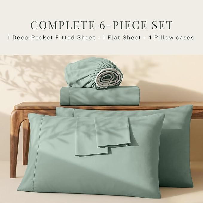 Hearth & Harbor Bed Sheets, Luxury Soft 6 Piece Bed Sheet Set Extra Deep Pocket Fitted Sheets Fits Mattress up to 21", Double Brushed Bedding Sheets & Pillowcases, Twin, Ice Green