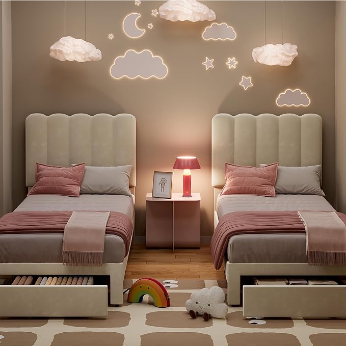 GarveeHome Twin Bed Frame with Under-Bed Drawer, Upholstered Platform Bed with Wave Headboard for Kids/Girls, Wooden Slats Support, No Box Spring Needed, Velvet Beige, 2 Sets