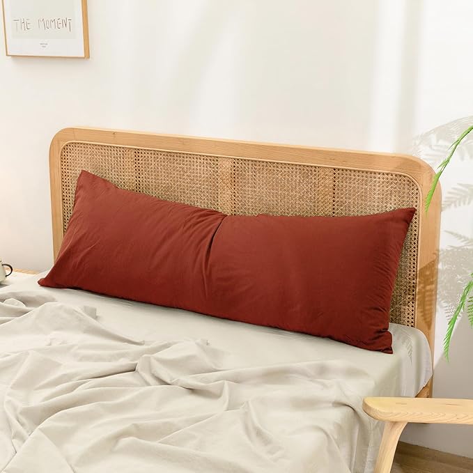 BESTOUCH 100% Washed Cotton Pillowcase for Hair and Skin Linen Feel Soft Comfortable Breathable 1 Pcs Pillow Case with Envelope Closure Solid Burnt Brick Red Body 20x54 Inches