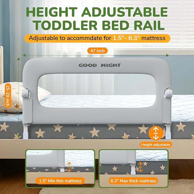 Bed Guard Rail for Toddlers - 47" Adjustable Heights & Folding up Portable Bed Railing for Baby - Toddler Bed Rails Guard for Crib, Twin, Bunk,Full Size, Queen & King Bed(Grey)