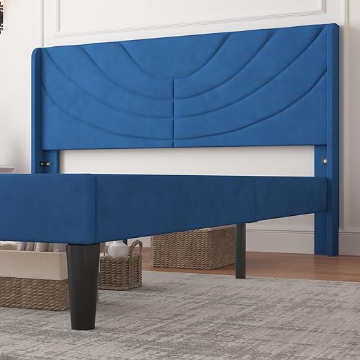 VECELO Upholstered Platform Full Bed Frame with Fabric Headboard,Wooden Slats Support/No Box Spring Needed/Mattress Foundation,Dark Blue