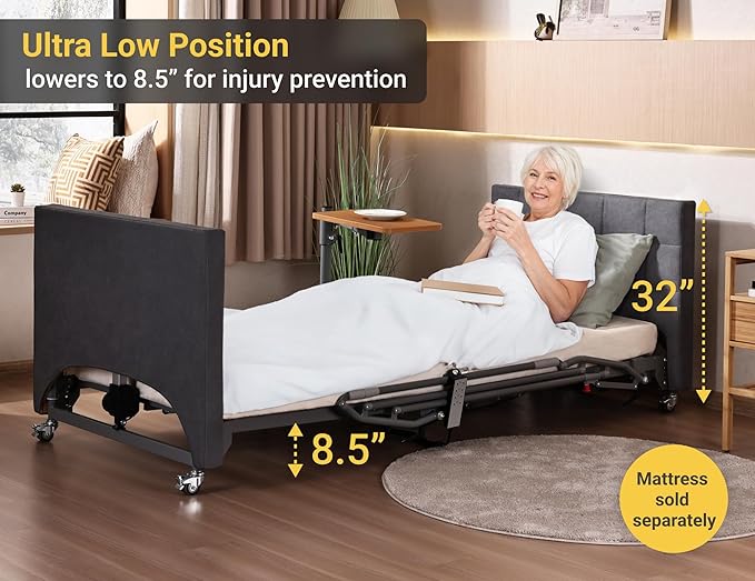 Electric Hospital Bed for Home Use – 5 Functions, Advanced German LIMOSS Motor, Ultra-Low 8.5"–25" Adjustable Height, Double Solid Wood Panels with Medical Overbed Table & Foldable Rails