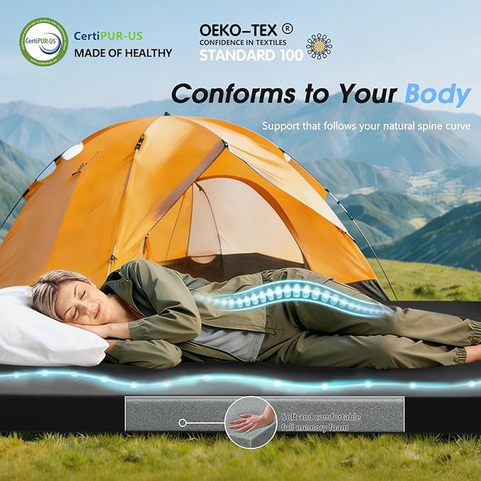 CYMULA Memory Foam Camping Mattress Pad,3inch Sleeping Pad for Camping,Non-Slip Bottom Floor Cot Car Mattress Bed with Retaining Portable Roll up Mattress Pad Mat for Travel Truck Guest Bed Tent