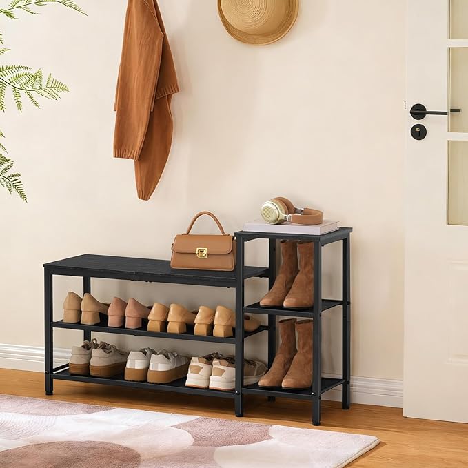 YATINEY 3-Tier Shoe Rack Bench, Wooden Shoe Storage Bench, Industrial Entryway Bench with Storage, Multi-Functional Shoe Rack with Seat for Bedroom, Hallway, Living Room, Black HX05BB
