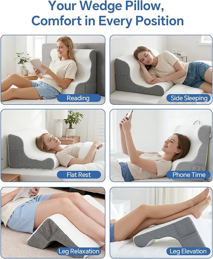 Wedge Pillow Headboard, Ergonomic Memory Foam Bed Wedge Pillow for After Surgery, Acid Reflux & Snoring Relief, Elevated Pillow for Sleeping, Sitting Up, Reading, TV, Back Support & Leg Elevation