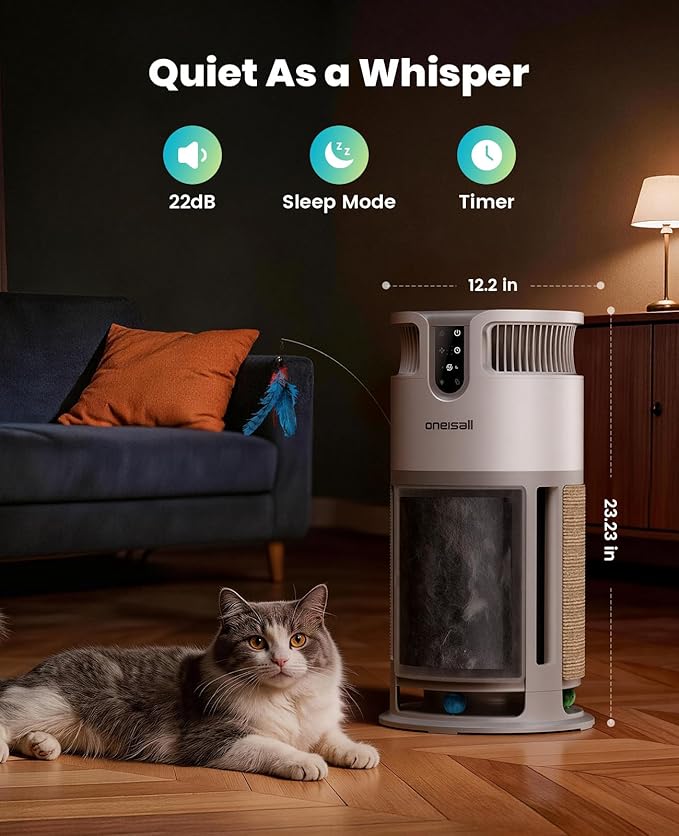 oneisall Pet Air Purifier for Home: Large Room 3000 Ft², H13 HEPA Washable Filter, 360° Airflow Visible Air Cleaner for Pet Hair, Odor Allergies Smoke Dust, PM2.5 Monitor,Auto Mode,Cat Toys,PP04