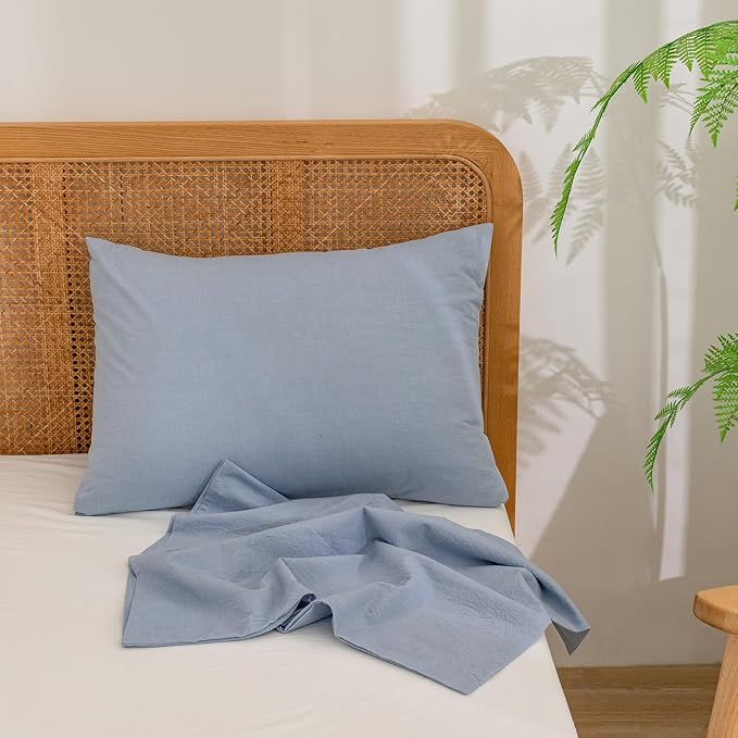 BESTOUCH 100% Washed Cotton Pillowcase for Hair and Skin Linen Feel Soft Comfortable Breathable 2 Set Pillow Case with Envelope Closure Solid Cornflower Blue Standard 20x26 Inches