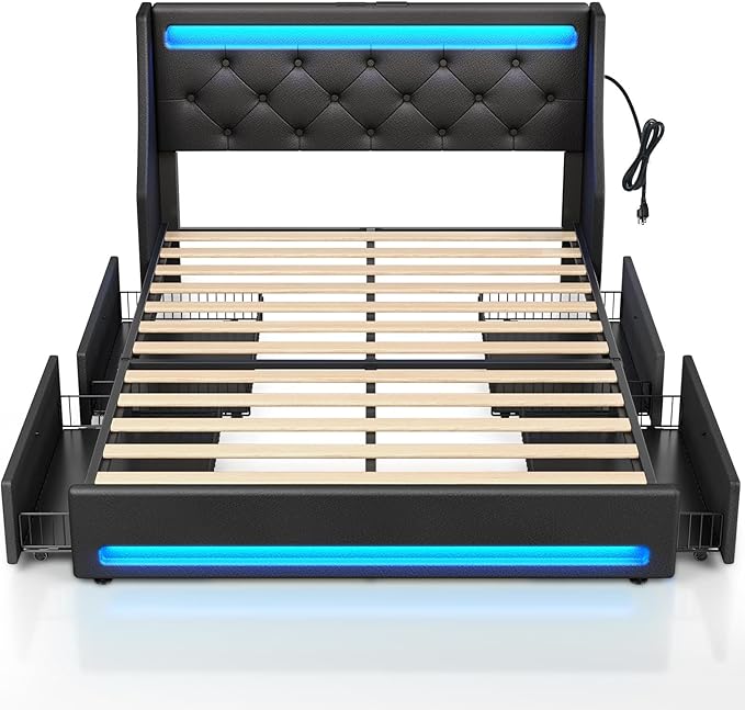Rolanstar Queen Bed Frame with LED Lights and Charging Station, PU Leather Bed with Drawers, Wooden Slats, Noise Free, Easy Assembly, Black