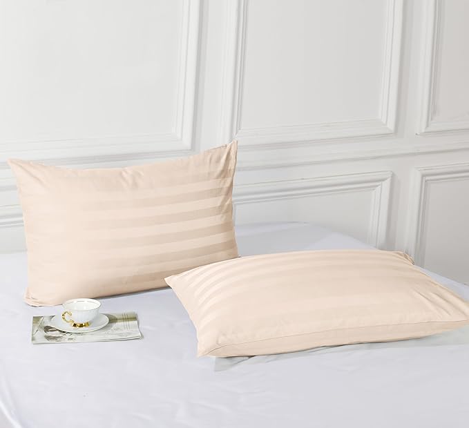 100% Egyptian Cotton King Pillow Protectors Set of 4, 400 Thread Count Sateen Weave Cooling Pillowcase, Easy Care Zippered Style Pillow Covers (4 Pack, Stripe-Beige,King)
