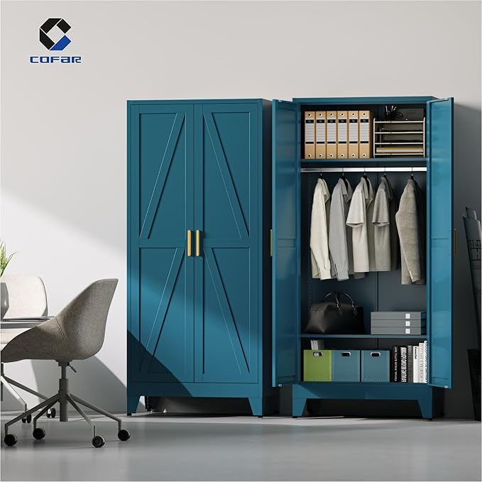COFaR 71'' Metal Armoire Wardrobe Closet, Steel Wardrobe Cabinet with Adjustable Hanging Rod and Shelves, 2 Doors Farmhouse Closet Storage for Bedroom Garage Office, Peacock Blue