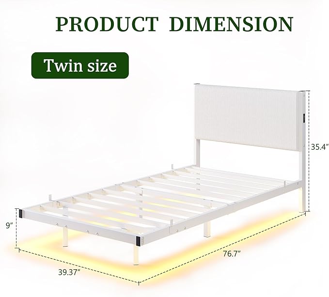 Twin Floating Bed Frame with Headboard,Twin Size Floating Bed Frame with LED Lights & USB Charging Station,Metal Platform Bed with Strong Slats Support,No Box Spring Needed,Easy Assembly,White