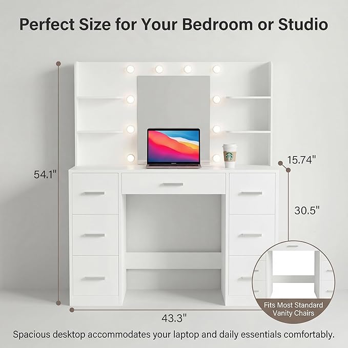 Furmax Vanity Desk with Mirror, LED Lights and Power Outlet Makeup Vanity Table with 7 Drawers and 6 Storage Shelves Dressing Table for Bedroom Dressing Room (Bright White)