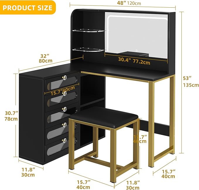 YITAHOME Vanity Desk Set- L Makeup Vanity with Mirror and Lights 3 Lighting Modes, 48" Large Makeup Table with 5 Tempered Glass Drawers with Open Storage Shelves Vanity Table, Black