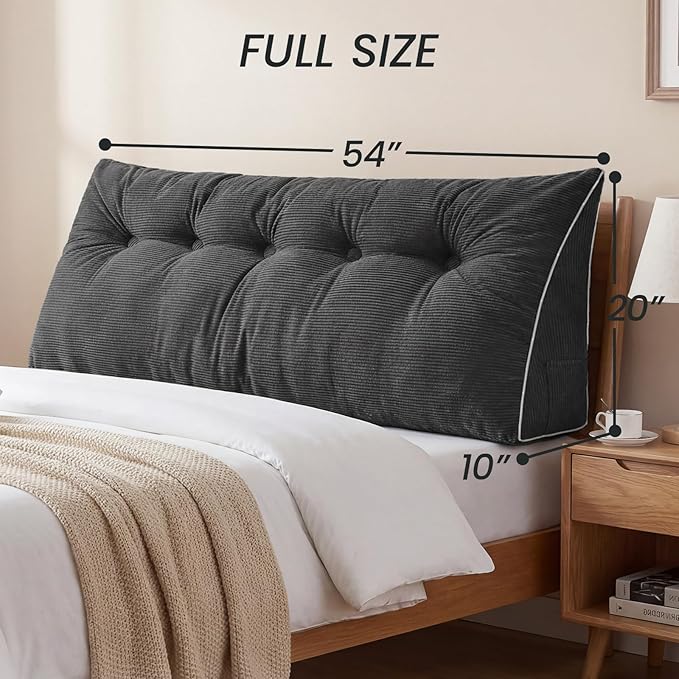 Sasttie Headboard Pillow Full, Wedge Pillow Headboard for Sitting Up in Bed, Back-Rest Support Triangular Cushion for Reading - Features Removable Washable Cover, Dark Grey
