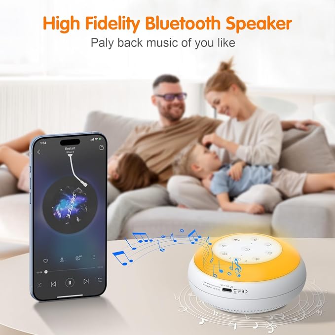 Portable White Noise Sound Machine for Baby, Kids, Adults Sleep - 24 Soothing Natural Sounds, 7 Color Night Light, Portable Wireless Bluetooth Pillow Speaker for Home, Travel, Nursery, Office