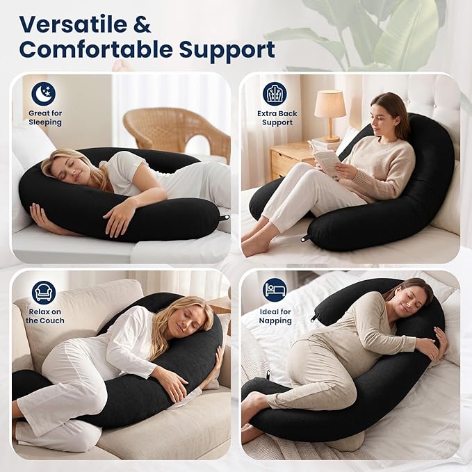 TranquilRelax C Shaped Body Pillow for Side Sleepers, Memory Foam Long Pillow for Leg, Hip & Back Support, Soft Washable Cover,Black-53 * 10"