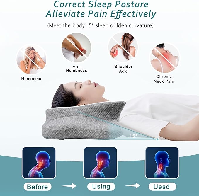 CHxxy Cervical Neck Pillow for Pain Relief Sleeping, Memory Foam Pillows, Ergonomic Side Sleeper Pillows, Cooling Orthopedic Neck Support Pillow for Back Stomach Sleepers-Queen Size White&Grey