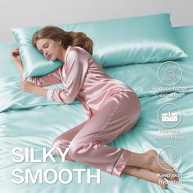 MR&HM Satin Body Pillow Cover, Soft and Breathable Body Pillow Case with Envelope Closure, Cooling and Silky Long Pillowcase for Hair and Skin,Grey (20x54, Turquoise)