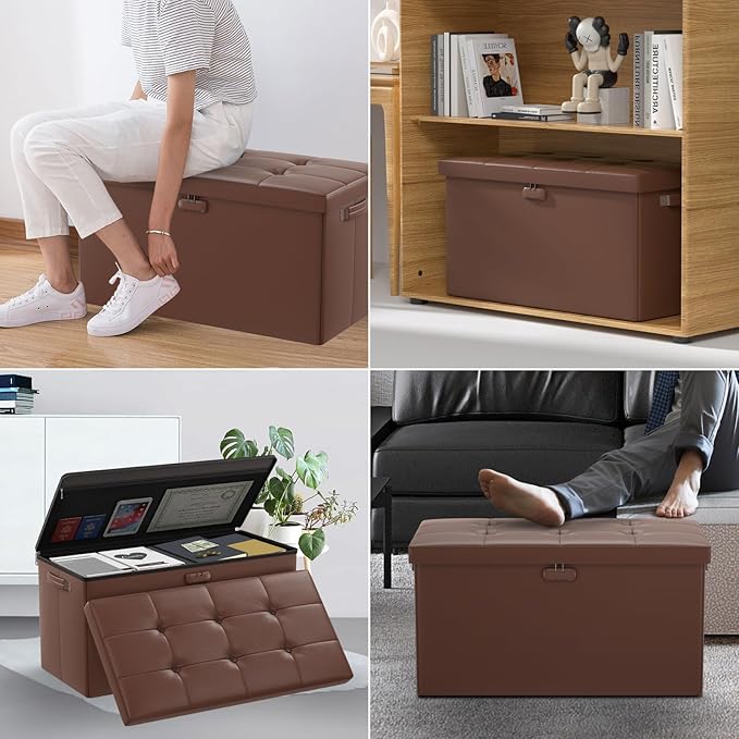 ENGPOW Storage Ottoman Bench,Fireproof Folding Bench with Lock,30 Inches Fire＆Water Resistant Storage Chest Foot Rest Stool Leather Bedroom Bench with Storage Safe for Document,Valuables, Brown