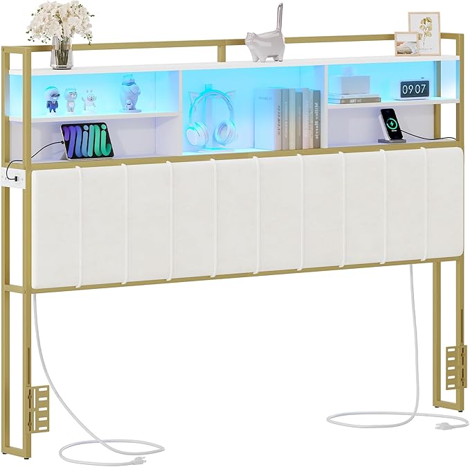 Hzuaneri Headboard with 3-Tier Storage Shelves, Velvet Upholstered Head Board with 2 Outlets, USB Ports & LED Light, Soft Backrest for King Size Bed, White and Gold BH19403A