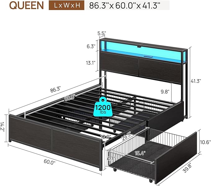 Rolanstar Queen Bed Frame with 4 Storage Drawers & 2-Tier Storage Headboard, Metal Platform Bed Frame with Charging Station & LED Lights, Noise-Free, No Box Spring Needed, Easy Assembly, Black Oak