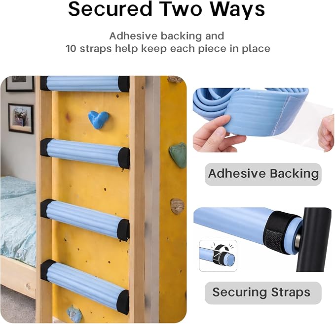 Bunk Bed Ladder Pads 6.5 Ft with 10 Adjustable Straps, Soft Foam Ladder Cover for Loft Bed, Cushioned Step Pads for Comfortable Climbing, Secure Fit, Blue