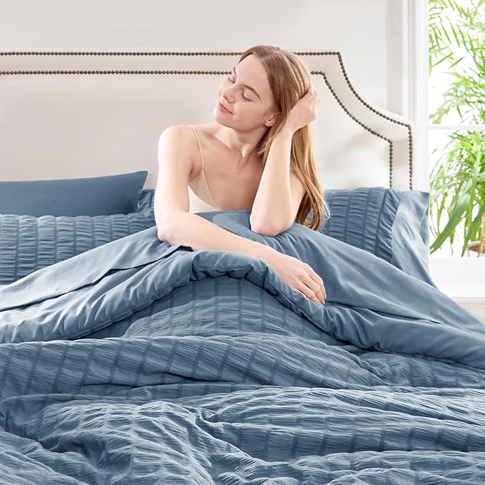 CozyLux California King Comforter Set with Sheets 7 Pieces, Grayish Blue Seersucker Bed in a Bag Cal King Luxury Bedding Sets with Down Alternative Comforter, Sheets, Pillowcases & Shams, Dusty Blue