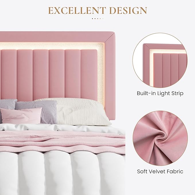 SHA CERLIN King Size Velvet Bed Frame with LED Light, Adjustable Vertical Channel Tufted Headboard, Strong Wooden Slats Support, Noise-Free, No Box Spring Needed, Pink