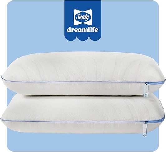 Sealy Dreamlife Queen Size Memory Foam Cooling Pillow with Surface Guard Technology, Removable Machine-Washable Cover, 1 Year Limited Warranty, White (2 Pack)