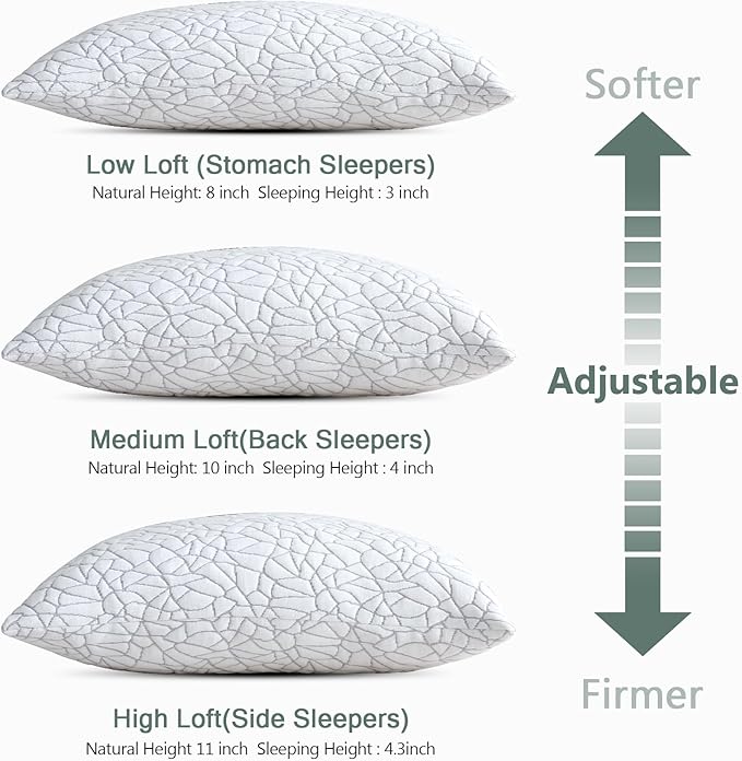 BPC Premium Rayon Derived from Bamboo Firm Pillows Queen Size Set of 2 - Hypoallergenic Shredded Memory Foam Pillows with Removable Cover Bed Pillows for Side Stomach and Back Sleepers, CertiPUR-US