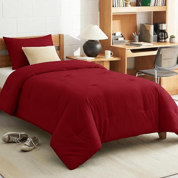 CozyLux Twin Comforter Set Dark Red, 2 Pieces Twin Extra Long Solid Breathable Bedding Sets for College Dorm, Twin XL Luxury Soft Bed Set with Down Alternative Comforter and 1 Pillowcase All Seasons