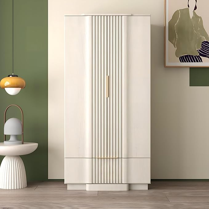 Brafab 67" Fluted Armoire Wardrobe Closet with Drawers and Doors, Wooden Wardrobe Cabinet with Adjustable Shelves, Modern Storage for Clothes, Coats for Bedroom,White Oak (1 pcs)