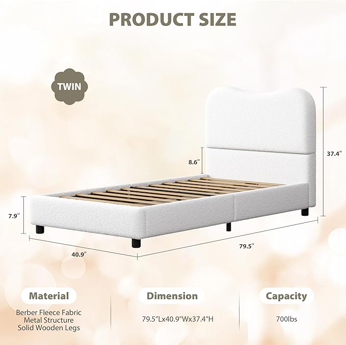 Boucle Twin Bed Frame for Kids with Upholstered Headboard, Low Profile Sturdy Platform Bed with Soft Boucle Fabric for Girls and Boys, Heavy Duty, Wooden Slats, Noise Free, No Box Spring Needed, White