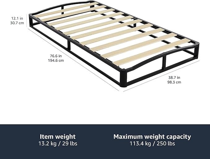 Amazon Basics Durable Metal Platform Bed Frame with Wood Slat Support, 10 inches High, Twin, Black