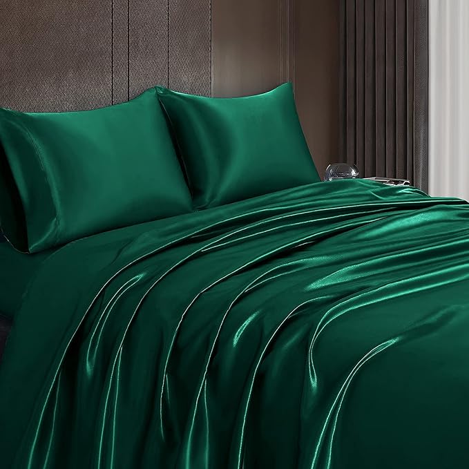 Homiest 5pcs Satin Split King Sheets Sets for Adjustable Bed, Luxury Silky Satin Bedding Set with Deep Pocket, 2 Fitted Sheets + 1 Flat Sheet + 2 Pillowcases (Split King Size, Blackish Green)
