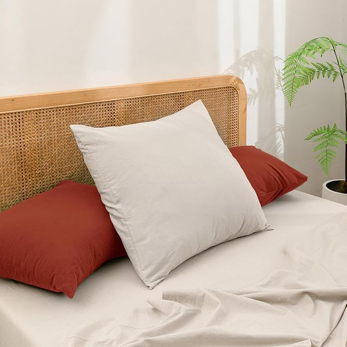 BESTOUCH 100% Washed Cotton Pillowcase for Hair and Skin Linen Feel Soft Comfortable Breathable 2 Set Pillow Case with Envelope Closure Solid Burnt Brick Red Standard 20x26 Inches