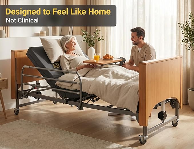 Electric Hospital Bed for Home Use – 5 Functions, Advanced German LIMOSS Motor, Ultra-Low 8.5"–25" Adjustable Height, Double Solid Wood Panels with Medical Overbed Table & Foldable Rails