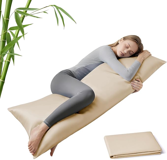 MR&HM Cooling Body Pillow Case 20"x54", Body Pillow Cover for Hot Sleepers, Breathable & Moisture Wicking, Silky Soft Envelope Long Pillowcase, Rayon Derived from Bamboo & Polyester Blend, Beige