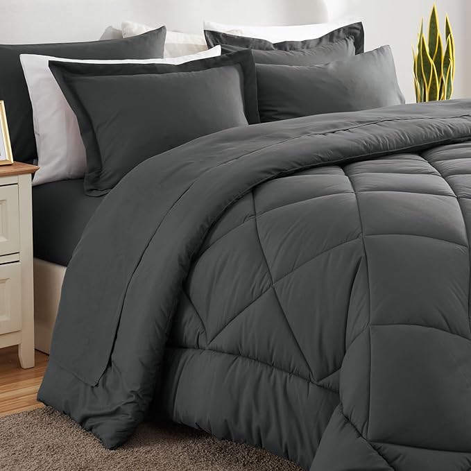 CozyLux Full Size Comforter Sets Dark Grey - 7 Pieces Bed in a Bag Full, Luxury Soft Bed Set for All Seasons, Bedding Set with Down Alternative Comforter, Sheets, Pillowcases & Shams