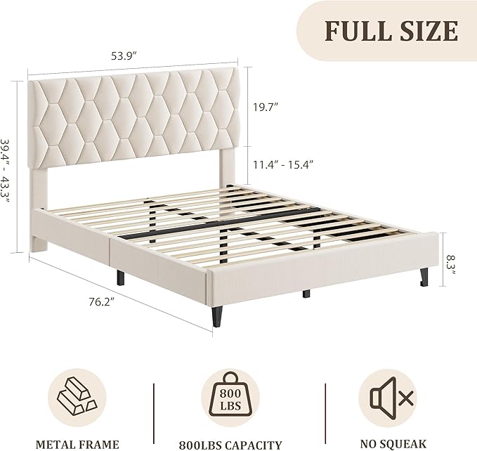 GarveeHome Beige Full Bed Frame with Headboard, Heavy-Duty Platform Bed Frame with Adjustable Headboard, Upholstered Mattress Foundation with Strong Wood Slat Support/No Box Spring Needed/Noise Free