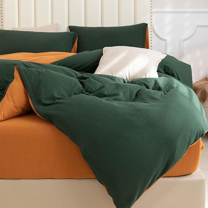 PURE ERA Jersey Knit Duvet Cover Set 100% T-Shirt Cotton Super Soft Comfy 3pc Bedding Set with Zipper Closure (Solid Forest Green/Burnt Orange, King)