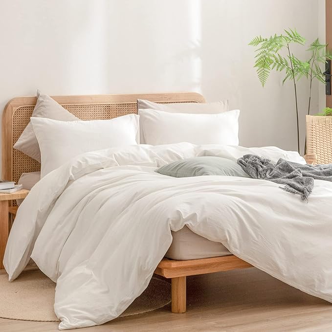 BESTOUCH Duvet Cover Set 100% Washed Cotton Linen Feel Super Soft Comfortable Chic Lightweight 3 PCs Home Bedding Set Solid Off White Alaska King