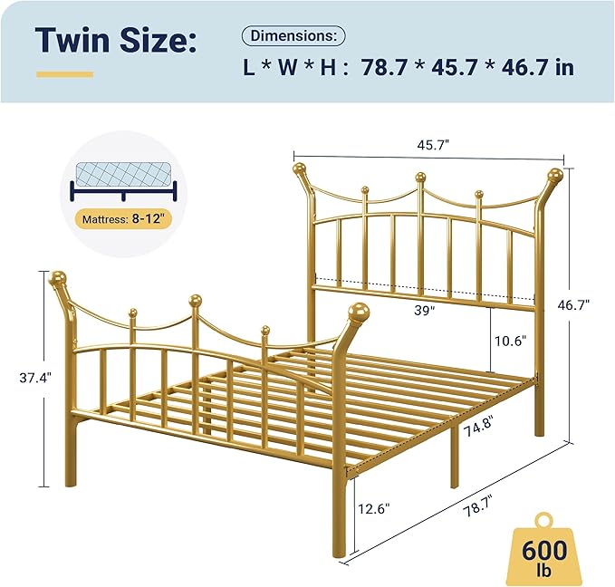 Allewie 14 Inches Twin Size Metal Platform Bed Frame with Elegant Crown Iron-Art Headboard & Footboard, Sturdy Mattress Foundation with Under-Bed Storage, Easy Assembly, No Box Spring Needed, Gold