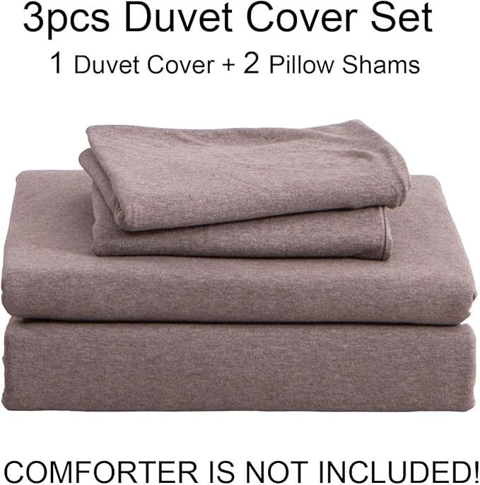 PURE ERA Jersey Knit Duvet Cover Set 100% T-Shirt Cotton Super Soft Comfy 3pc Bedding Set with Zipper Closure (Heather Brown, Queen)