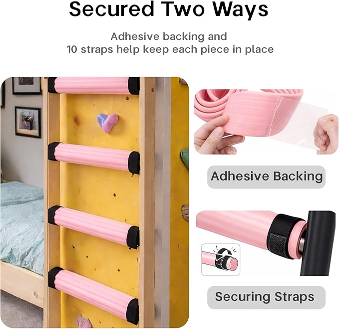Bunk Bed Ladder Pads 6.5 Ft with 10 Adjustable Straps, Soft Foam Ladder Cover for Loft Bed, Cushioned Step Pads for Comfortable Climbing, Secure Fit, Pink