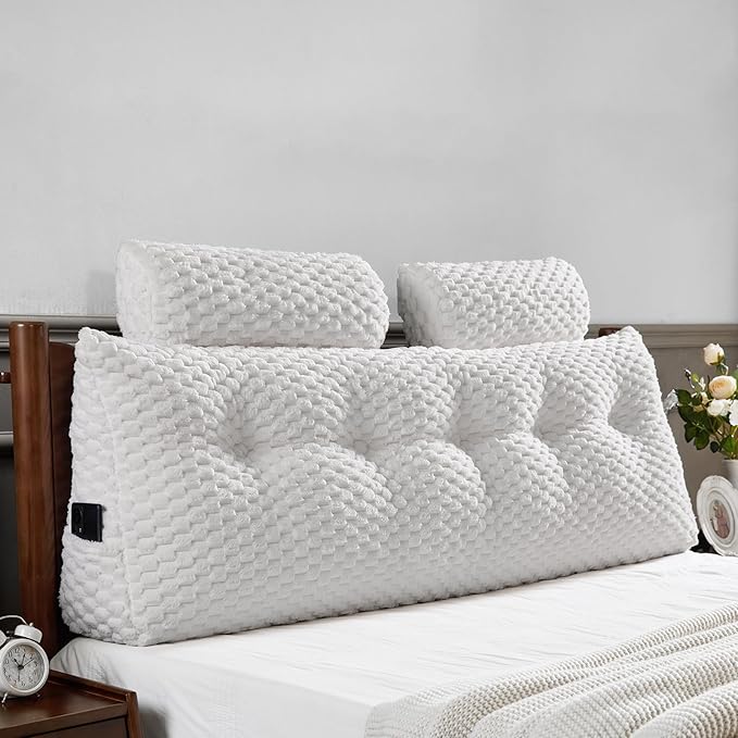 Wedge Headboard Pillow - Bed Wedge Pillow for Headboard Triangular Headboard Pillow with Neck Roll Pillow-Large Bolster Pillow for Sitting in Bed Backrest Positioning Support (White,54x8x20 Inches)