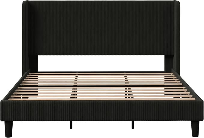 SHA CERLIN King Size Corduroy Upholstered Platform Bed Frame with Vertical Channel Tufted Wingback Headboard, 8" Under Bed Storage, Wooden Slats & Metal Frame Support, Easy Assembly, Black